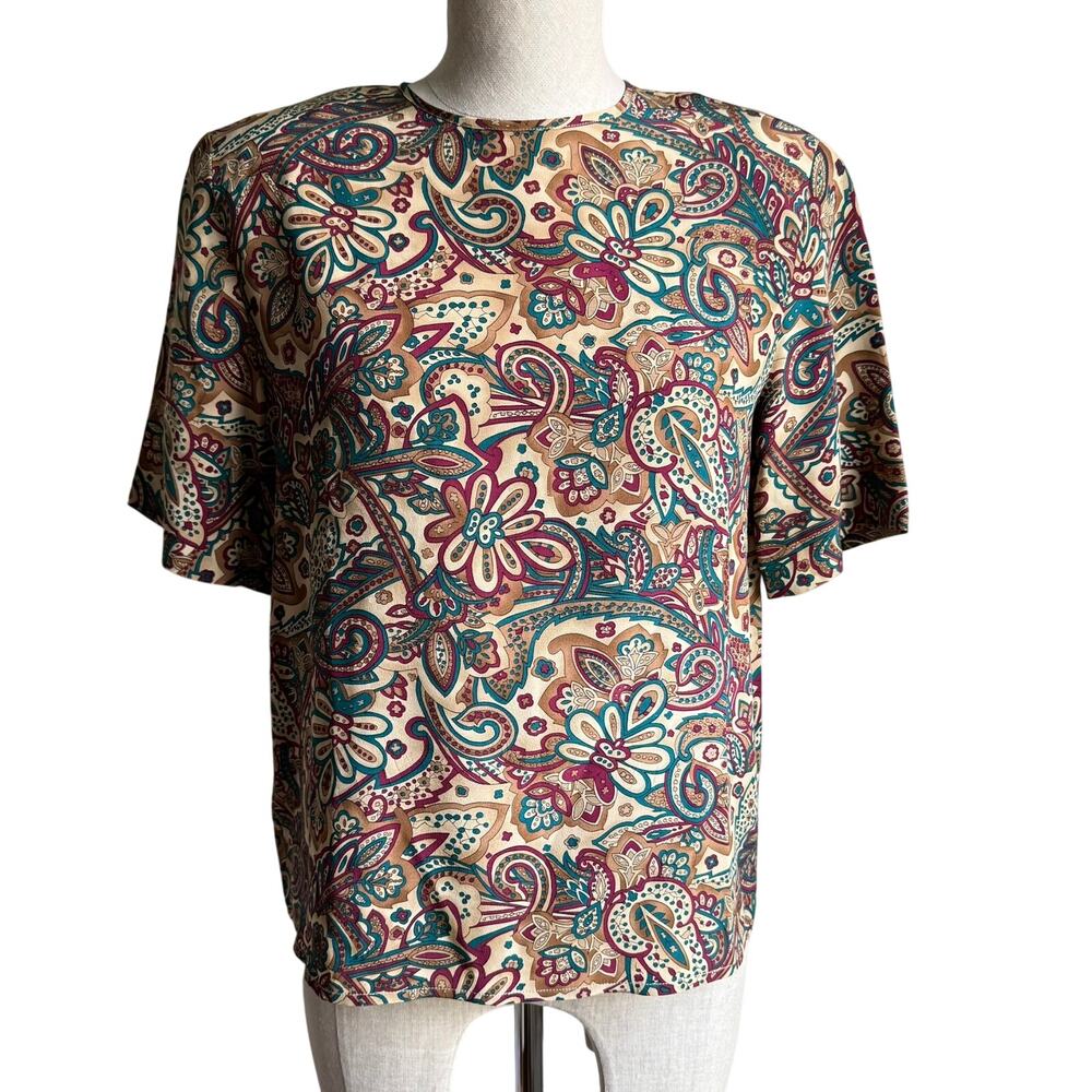 Talbots Petites 6P Silk Paisley Blouse Top Short Sleeve Vintage